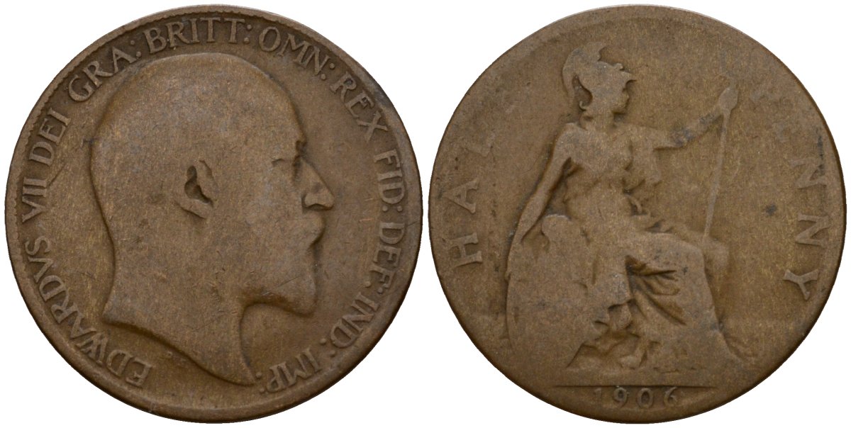 Великобритания 1/2 пенни 1906 Эдуард VII (1901-1910) KM 793.2, Spink 3991 бронза 4601-425