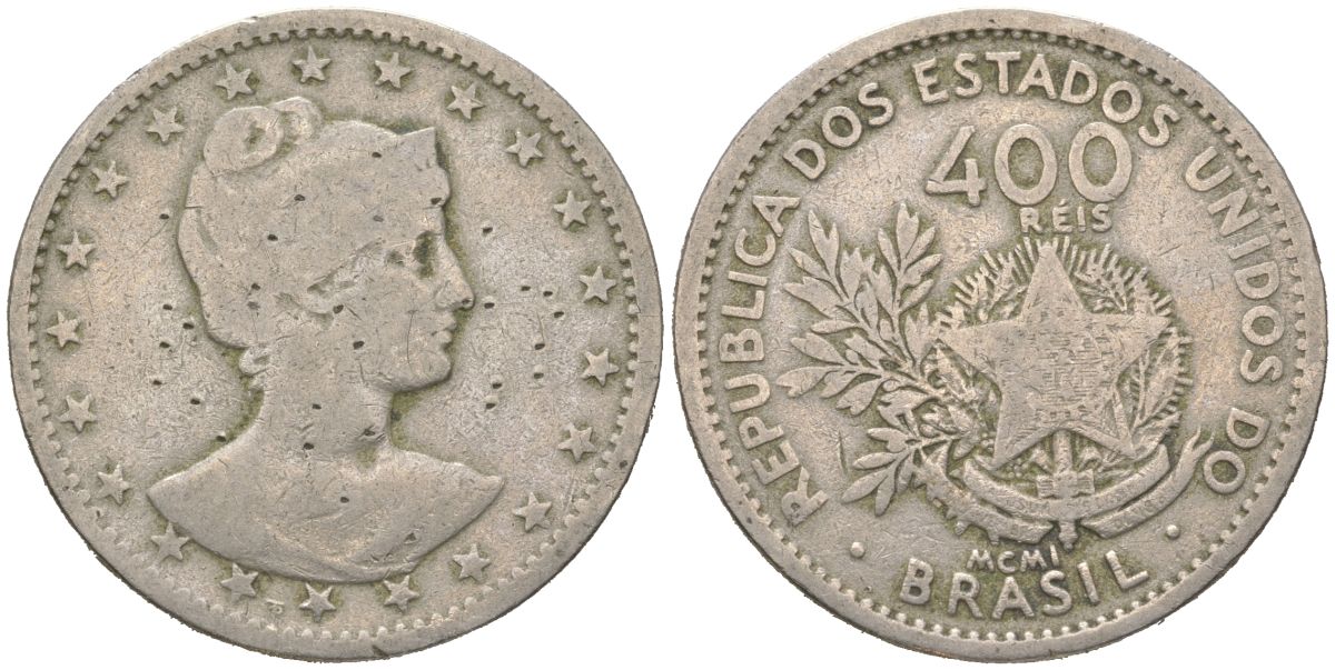 Бразилия 400 реалов 1901 MCMI, голова свободы вправо KM 505 медно-никель 4612-523