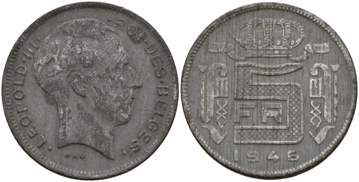 Бельгия 5 франков 1946 DES BELGES, Леопольд III (1934-1947) KM 130 цинк 4161-953