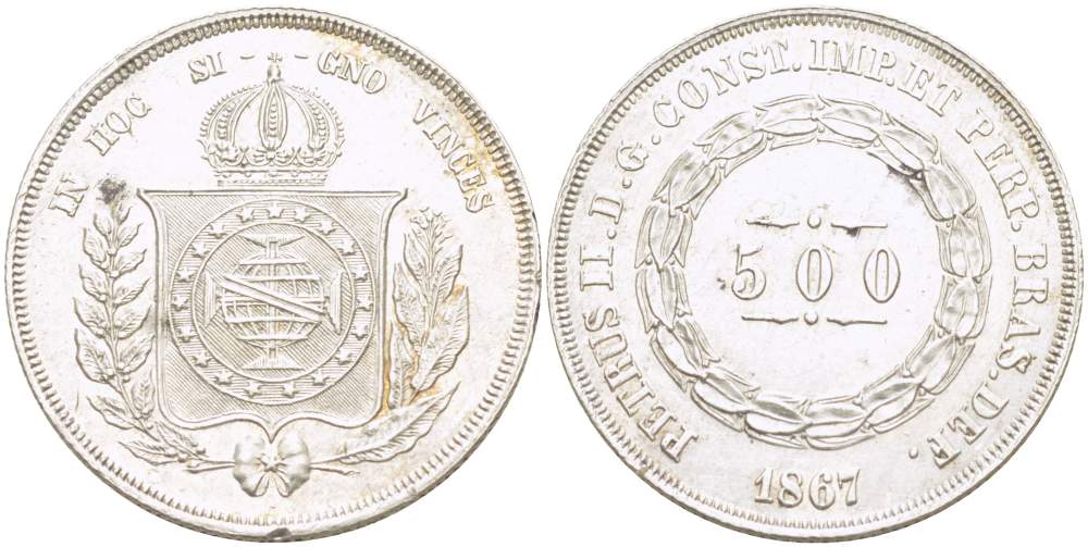 Бразилия 500 рейс 1867 Педро II (1831-1889) KM 472 серебро 00-00