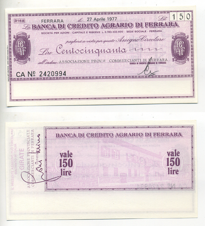 Италия чек на 150 лир 1977 22 апреля 1977, Banca Di credito agrario Di ferrara бумага UNC (пресс) 6294-72-1-2