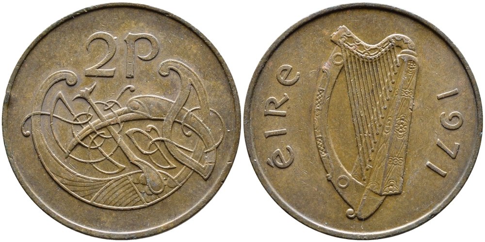 Ирландия 2 пенса 1971 виньетка в виде стилизованной птицы из второй библии Карла II лысого KM 21 бронза 4391-1032