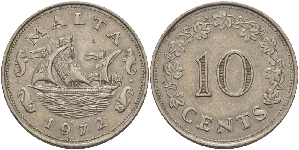 Мальта 10 центов 1972 баржа Великого магистра KM 11 медно-никель 82-326