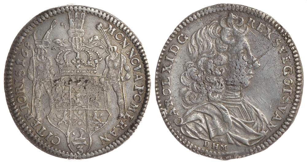 Шведская Померания 2/3 талера 1687 KM 319 серебро 00-817-27