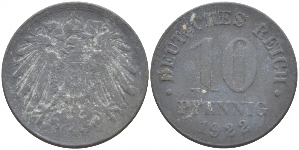 ГЕРМАНИЯ 10 ПФЕННИГОВ 1922 KM 26, J. 299 цинк 4539-1031