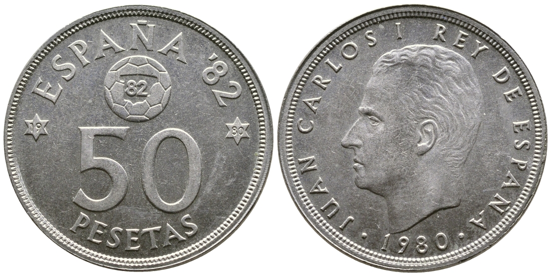 Испания 50 песет 1980 (80) Хуан Карлос, чемпионат мира по футболу в Испании 82 КМ 819 медно-никель 4607-643