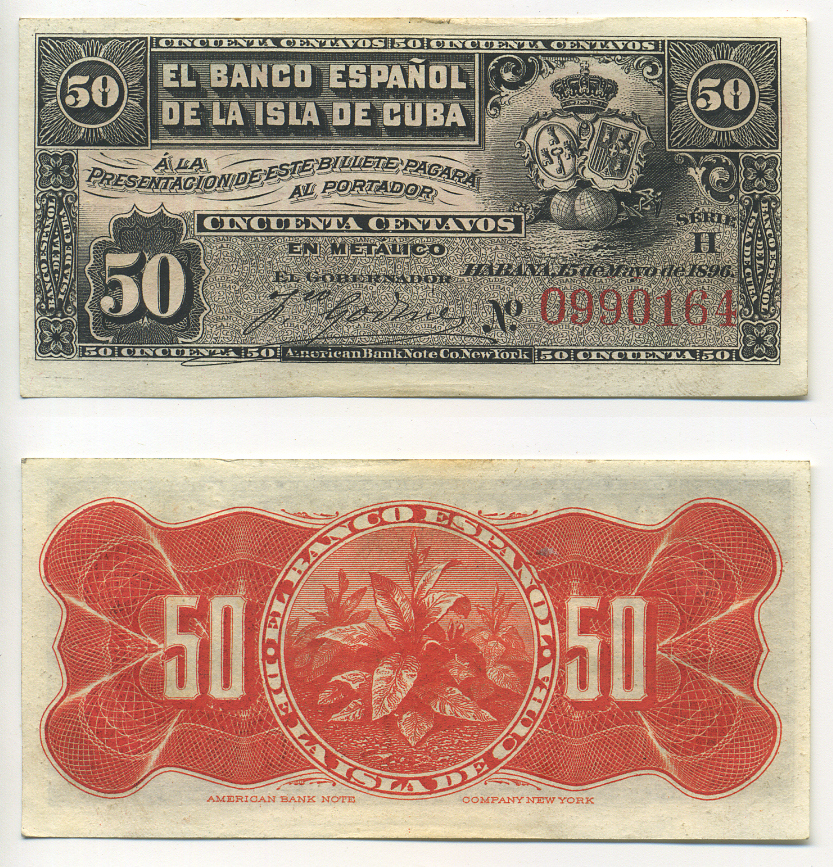 КУБА 50 СЕНТАВО 1896 БАНК ИСПАНИИ ДЛЯ КУБЫ Pick 46а бумага аUNC 448-32-1-1