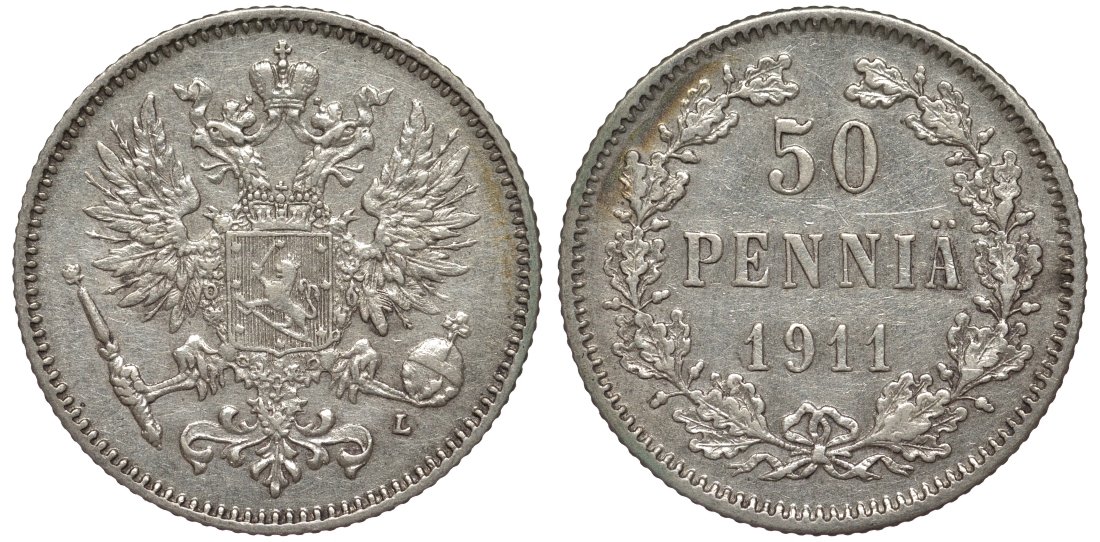 Россия для Финляндии 50 пенни 1911 L, Николай II (1894-1917) КМ 2.2, Биткин 404 серебро 75-851