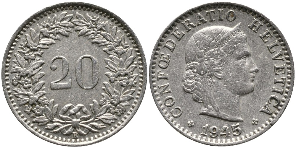 ШВЕЙЦАРИЯ 20 РАППЕНОВ 1945 В KM 29а медно-никель 4539-545