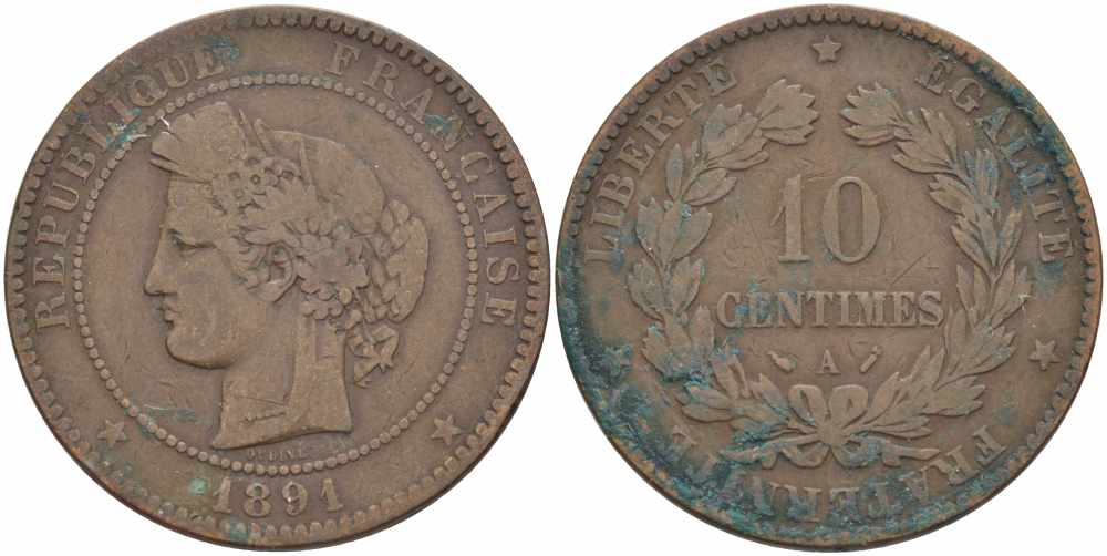 ФРАНЦИЯ 10 САНТИМОВ 1891 A, ТРЕТЬЯ РЕСПУБЛИКА (1871-1940) KM 815.1, LA FRANC 135.36 бронза 82-442