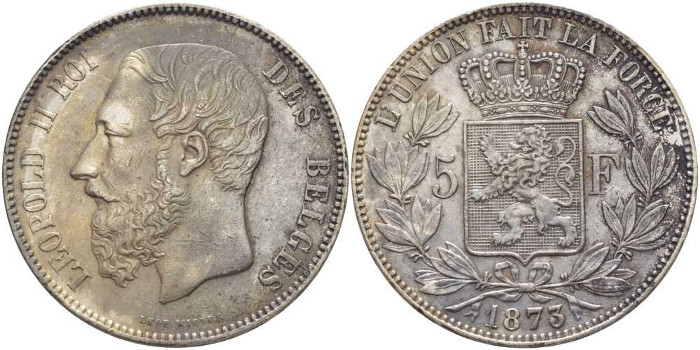Бельгия 5 франков 1873 Леопольд II (1865-1909), позиция А KM 24 серебро 5010-943