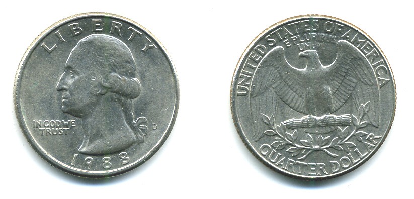 США 25 ЦЕНТОВ = КВОТЕР 1988 ВАШИНГТОН KM А164а медь плакированная медно-никелем 36-1216