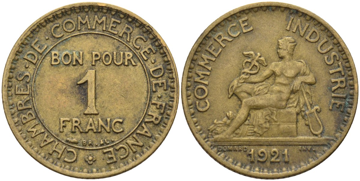Франция 1 франк 1921 KM 876, Le Franc 218.5 алюминиевая бронза 4142-613