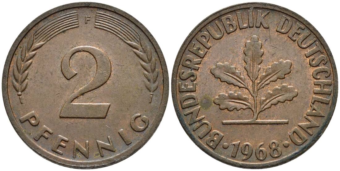 ФРГ 2 пфеннига 1968 G KM 106a, J.381a сталь плакированная медью 4546-947