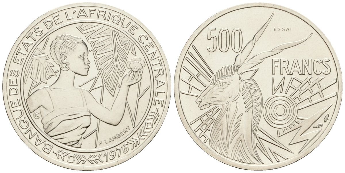 Центральноафриканский Валютный Союз (BEAC) 500 франков 1976 D (Габон), PROBA, ESSAI, пробная монета KM E9 никель UNC 3711-134