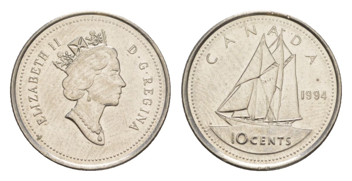Канада 10 центов 1994 Елизавета II (1952-2022), парусник KM 183 никель 4630-845