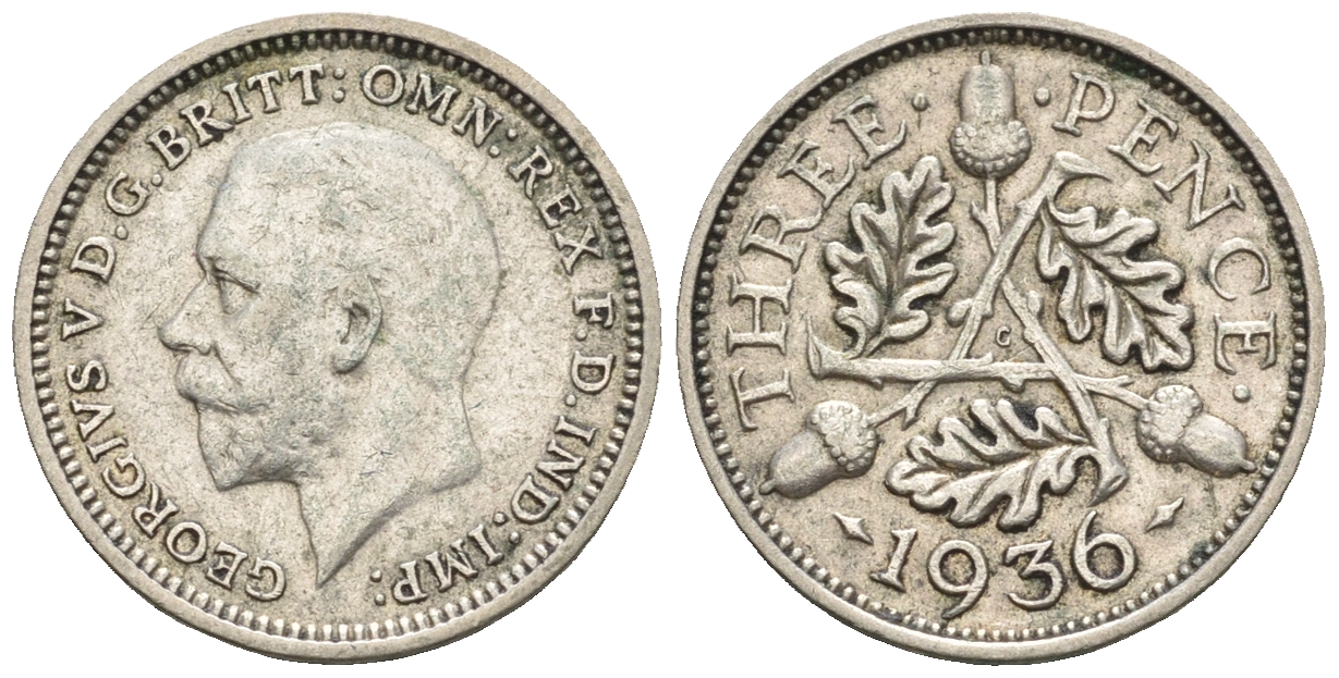 Великобритания 3 пенса 1936 Георг V (1910-1936) KM 831, Spink 4042 серебро 4609-743