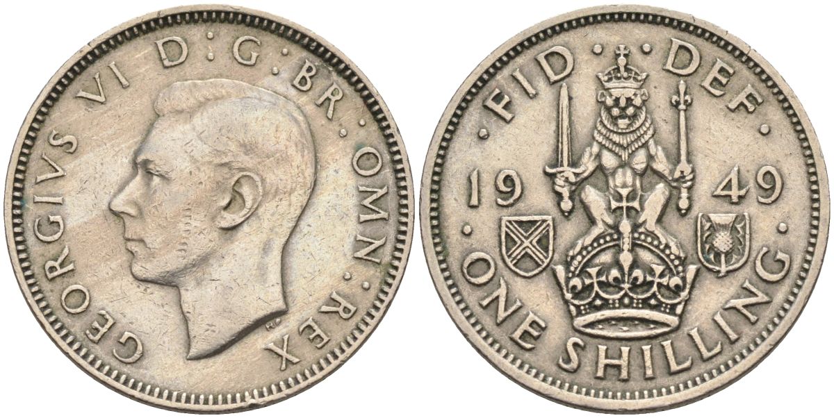 Великобритания 1 шиллинг 1949 Георг VI (1936-1952), Шотландский герб KM 877, Spink 4109 медно-никель 4116-826
