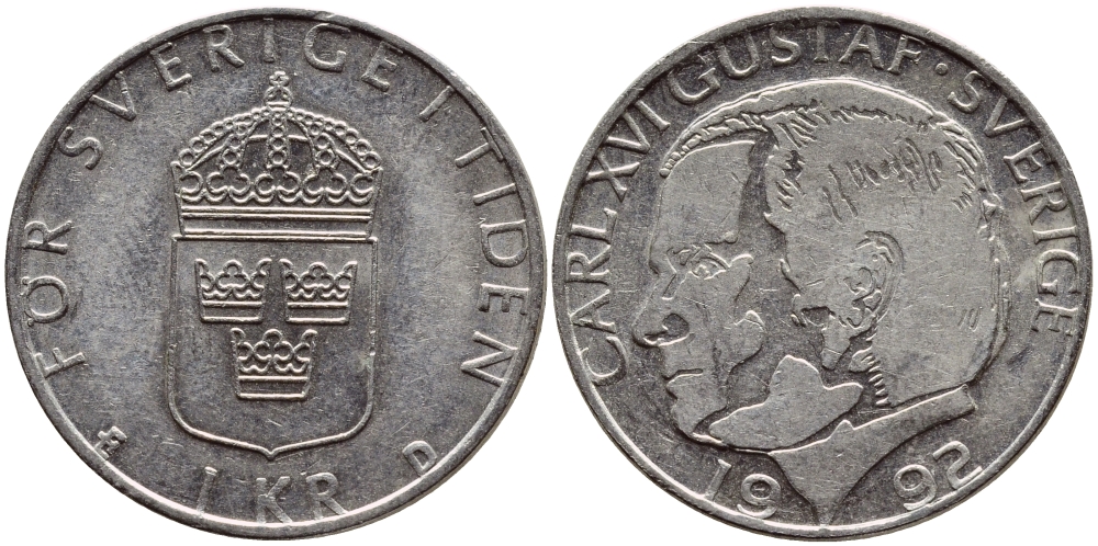 Швеция 1 крона 1992 Карл XVI Густав (1973- ) KM 852a медно-никель 4381-416