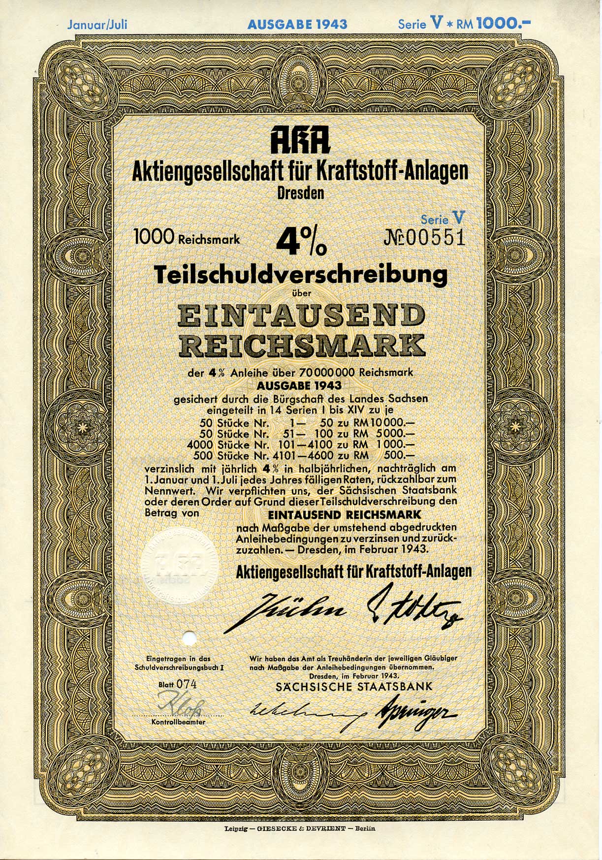 Германия 1000 рейхсмарок 1943 АО топливных заводов, Дрезден, также известное как AKA, 4%частичное обязательство, серия V, облигация   бумага   8802-54-1