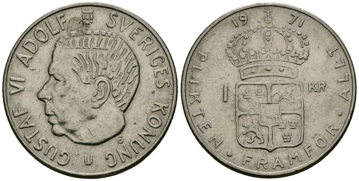 Швеция 1 крона 1971 Густав VI Адольф (1950-1973) KM 826a медно-никель 4167-847