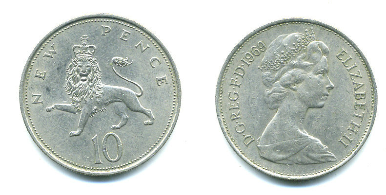 Великобритания 10 пенсов 1969 Елизавета II (1952-2022) KM 912, Spink 4231 (F1) медно-никель 4383-927