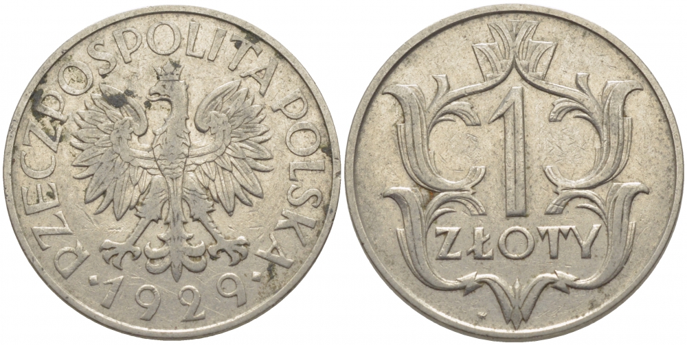 ПОЛЬША 1 ЗЛОТЫЙ 1929 w KM 14 никель 4448-247