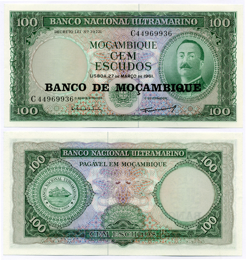 Мозамбик 100 эскудо 1961 (1976) надпечатка на 1961, Айрес де Орнелас  Pick 117 a бумага UNC (пресс) 8564-20-1-2