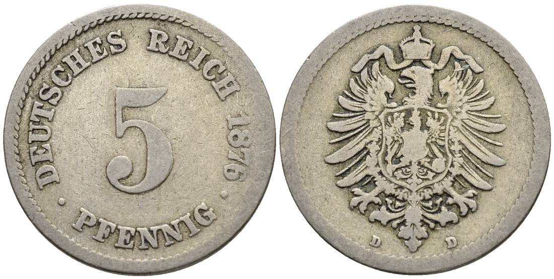 ГЕРМАНИЯ 5 ПФЕННИГОВ 1876 D, СТАРОГЕРБОВКА KM 3, Jager 3, Weege 5 медно-никель 4546-1043