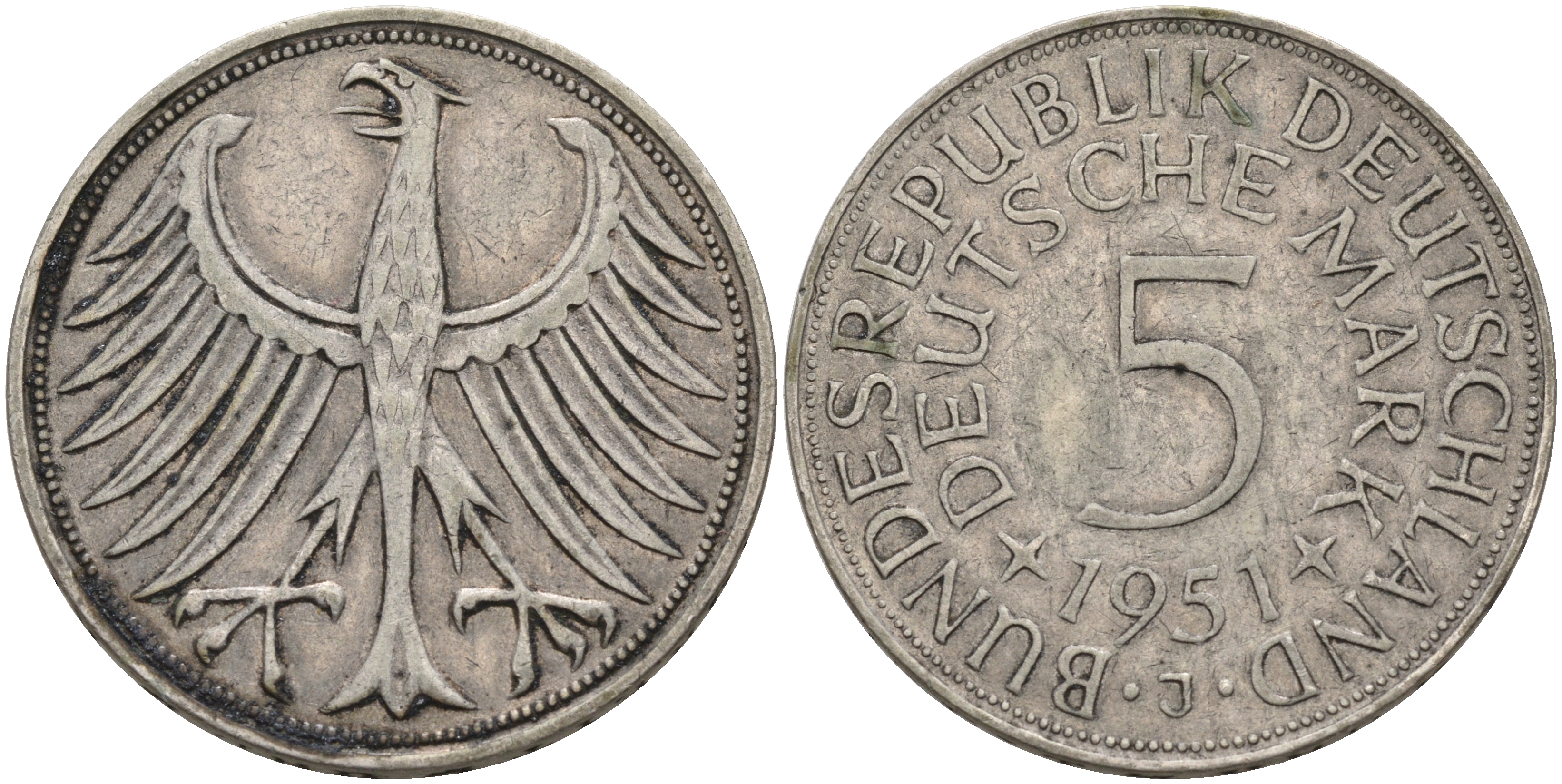 ФРГ 5 марок 1951 J (Гамбург), J. 387, KM 112.1 серебро 4565-121