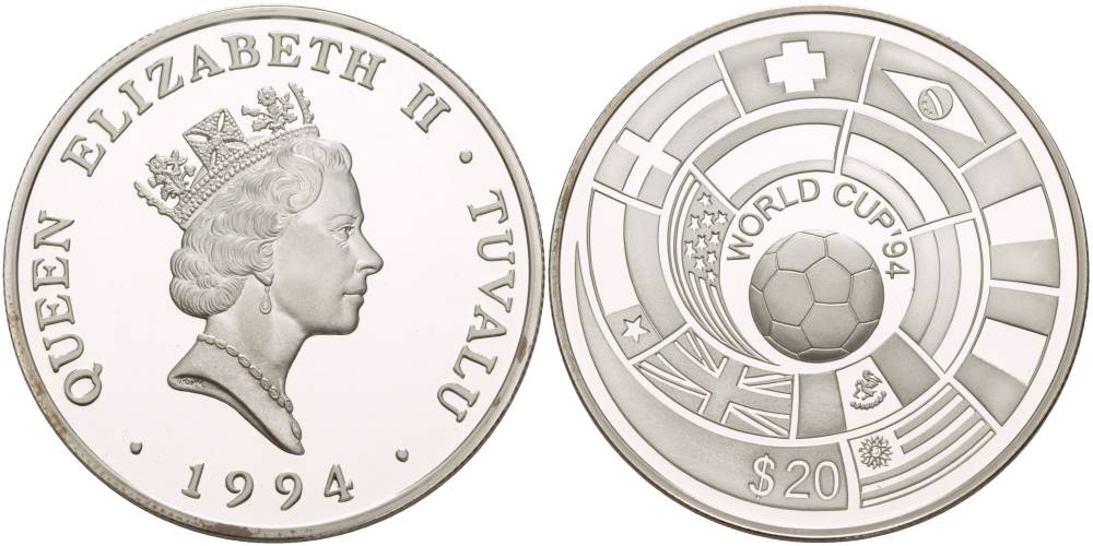 Тувалу 20 долларов 1994 чемпионат мира по футболу 1994 года В США, флаги стран в спирали KM 22 серебро PROOF 1081-8-53