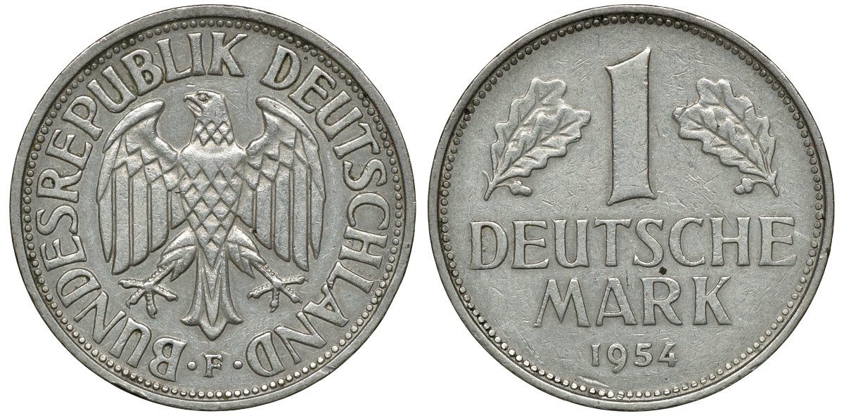 ФРГ 1 МАРКА 1954 F KM 110, J. 385 медно-никель 72-625