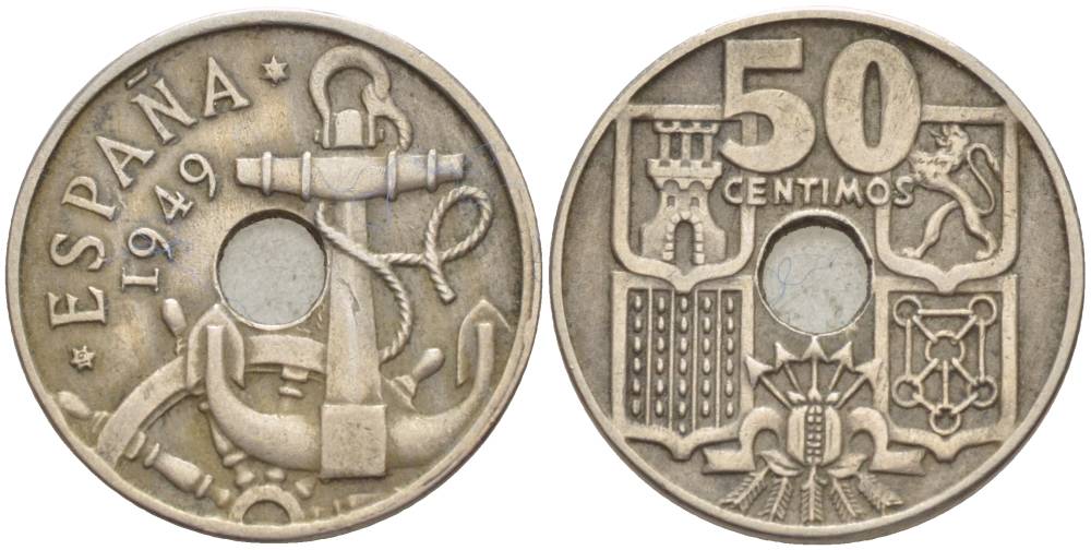 ИСПАНИЯ 50 СЕНТИМО 1949 ФРАНСИСКО ФРАНКО ДИКТАТОР ИСПАНИИ (1939-1975), МОРСКАЯ АТРИБУТИКА KM 777 медно-никель 4551-945