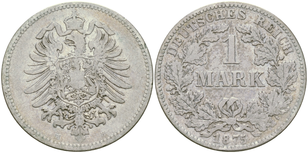 Германия 1 марка 1875 H Weege 17, J. 9, KM 7 серебро 65-113