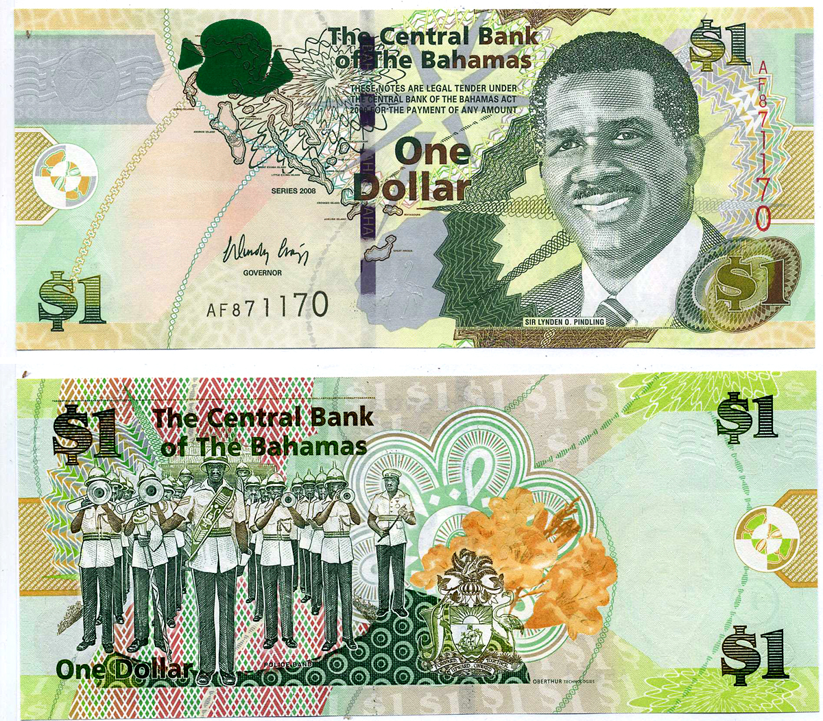 Багамские острова 1 доллар 2008 Сэр Линден Пиндлинг, духовой оркестр, FC-O, подпись W. CRAIGG Pick 71 бумага UNC (пресс) 2197-12-3-1