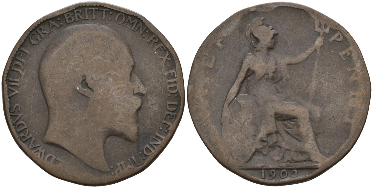 Великобритания 1/2 пенни 1902 Эдуард VII (1901-1910) KM 793.2, Spink 3991 бронза 4143-637