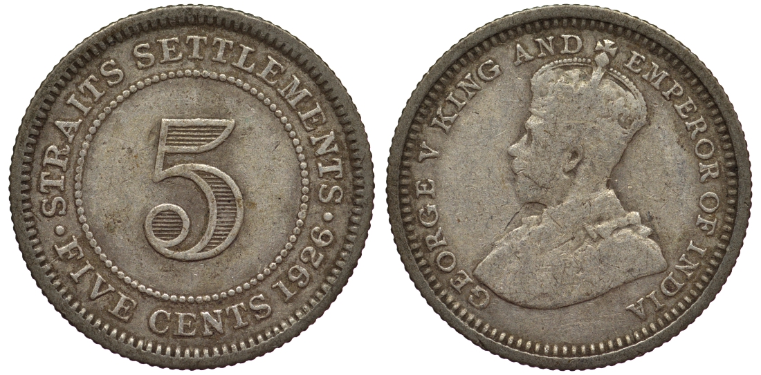 Стрейтс-Сетлментс 5 центов 1926 Георг V (1910-1936) КМ 36 серебро 53-524