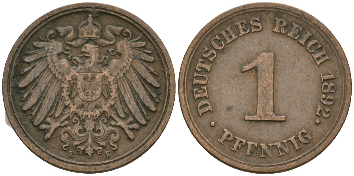 Германия 1 пфенниг 1892 E, Вильгельм II (1888-1918) KM 10, J. 10 медь 4608-156