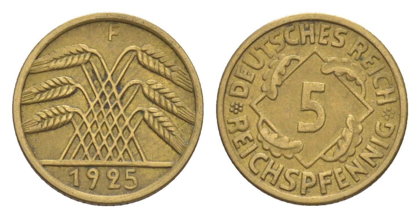 Германия 5 рейхспфеннигов 1925 F KM 39, J. 316 алюминиевая бронза 4644-1136
