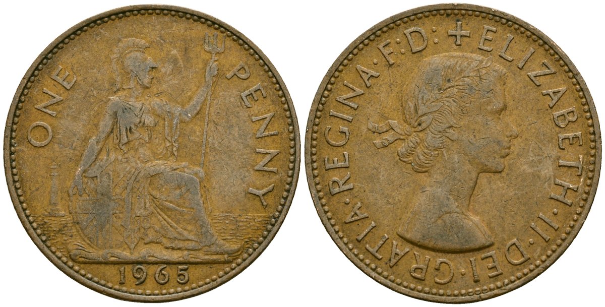 Великобритания 1 пенни 1965 Елизавета II (1952-2022) КМ 897, Spink 4157 бронза 4120-821