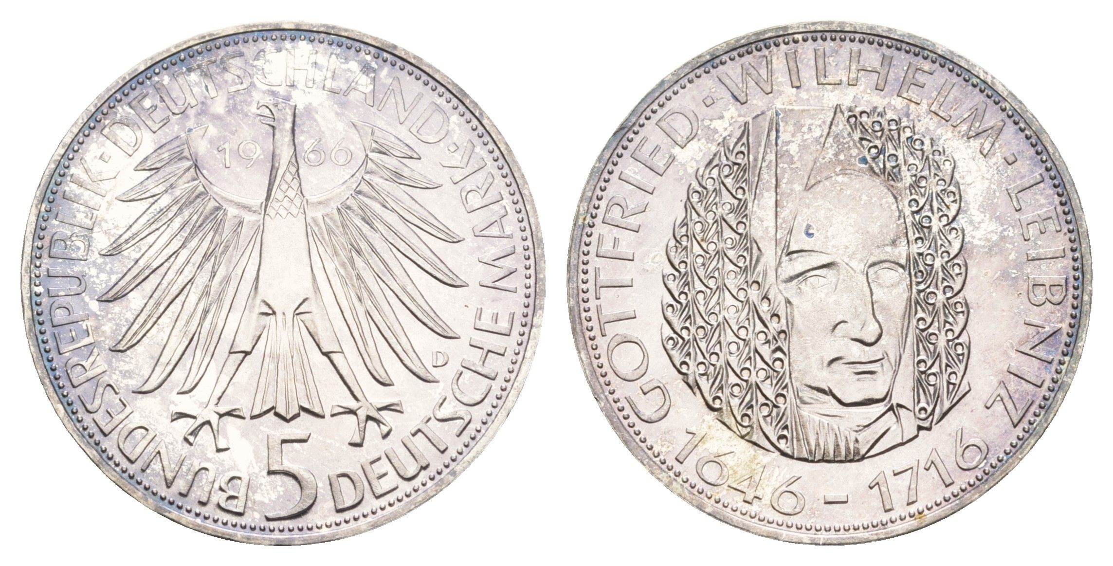 ФРГ 5 марок 1966 D, 250 лет со дня смерти Готфрида Вильгельма Лейбница KM 119, J. 394 серебро PROOF 413-5011