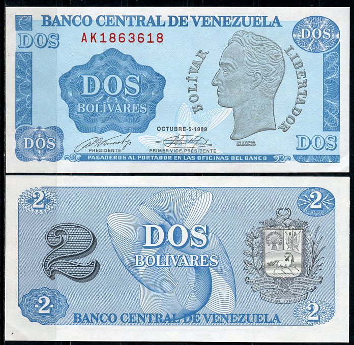 Венесуэла 2 боливара 1989 Симон Боливар Pick 69 a  бумага  UNC (пресс) 447-43-1