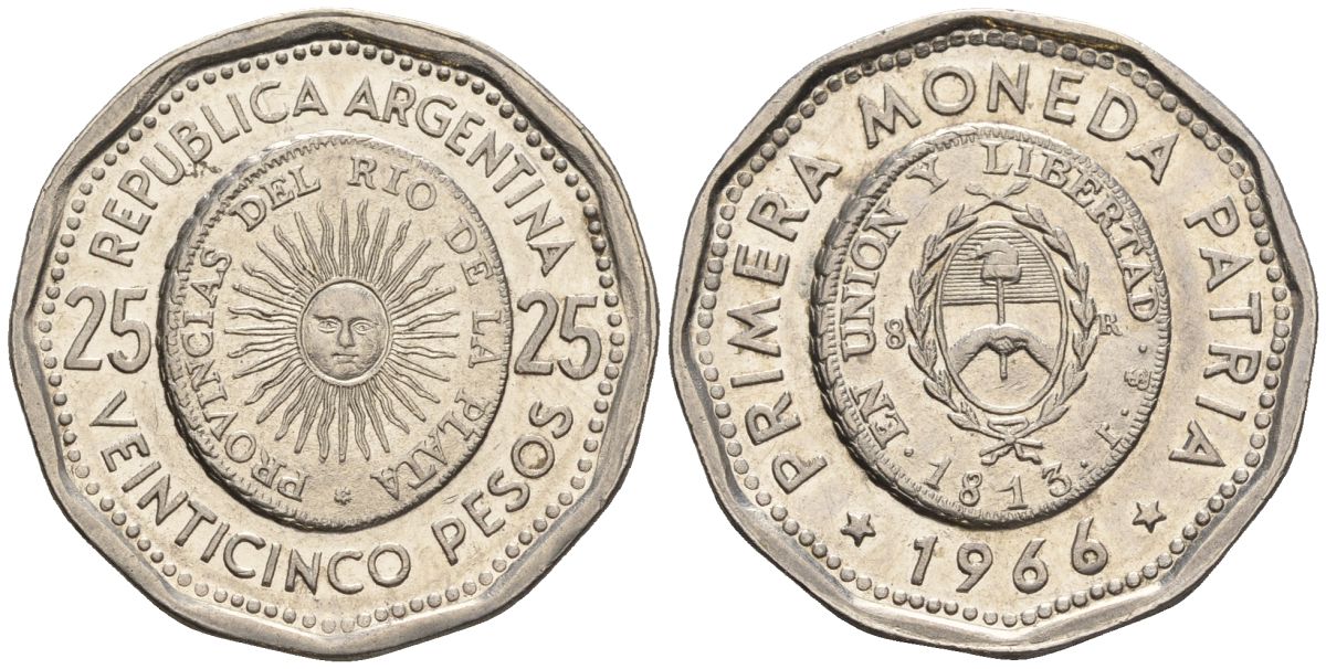 Аргентина 25 песо 1966 первая монета отчеканенная в Аргентине в 1813 году KM 61, Schon 61, CJ 277 сталь плакированная никелем    60-1025