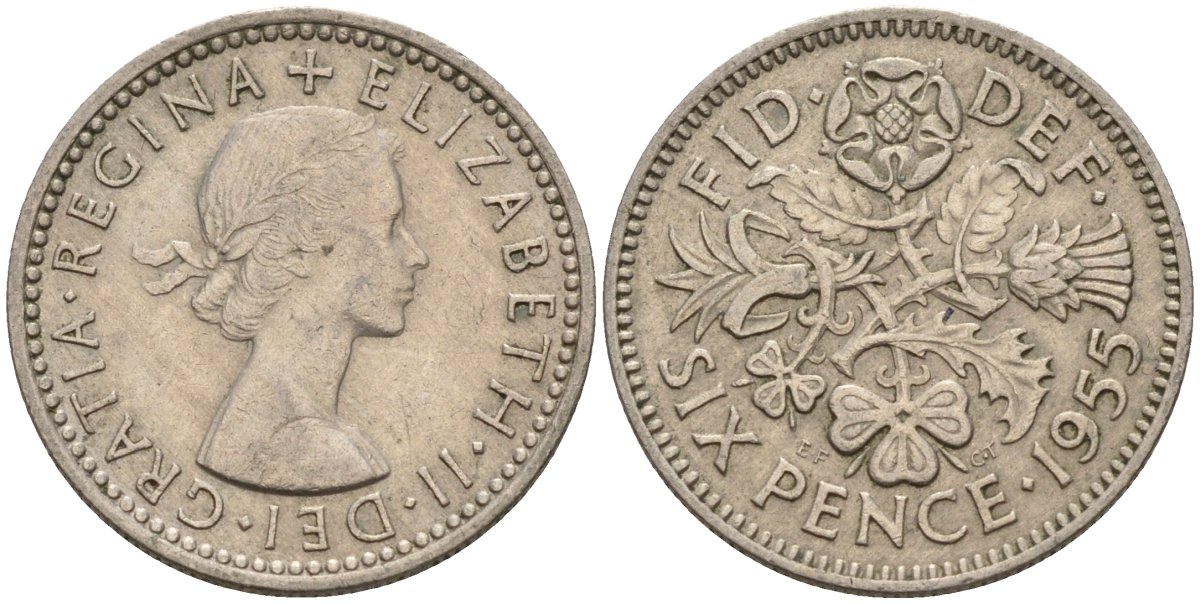 Великобритания 6 пенсов 1955 Елизавета II (1952-2022) KM 903, Spink 4149 медно-никель 4596-1037
