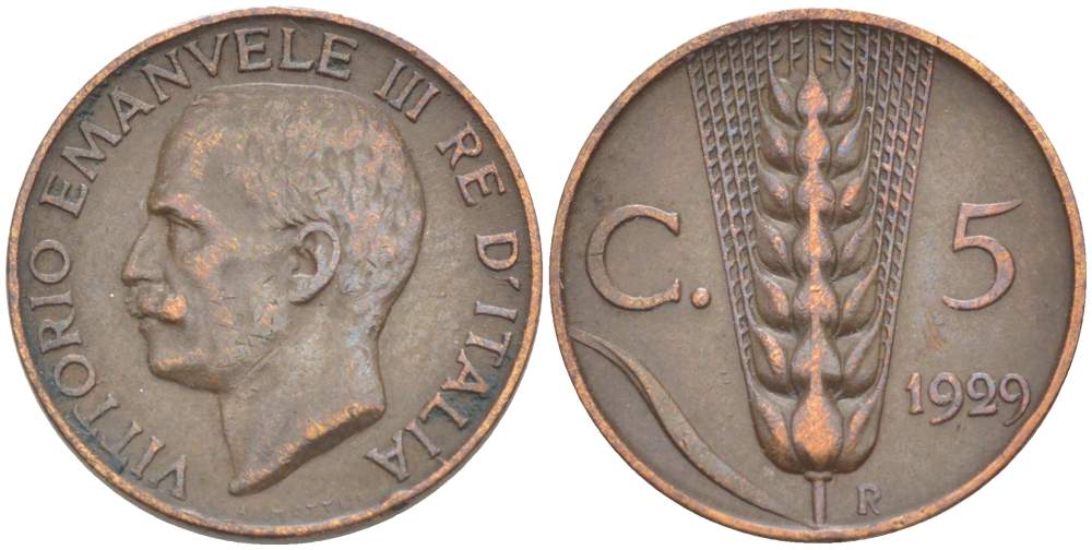 ИТАЛИЯ 5 ЧЕНТЕЗИМО 1929 R, МОНДВОР РИМ, ВИКТОР ЭММАНУИЛ III (1900-1946) KM 59 медь 4525-144