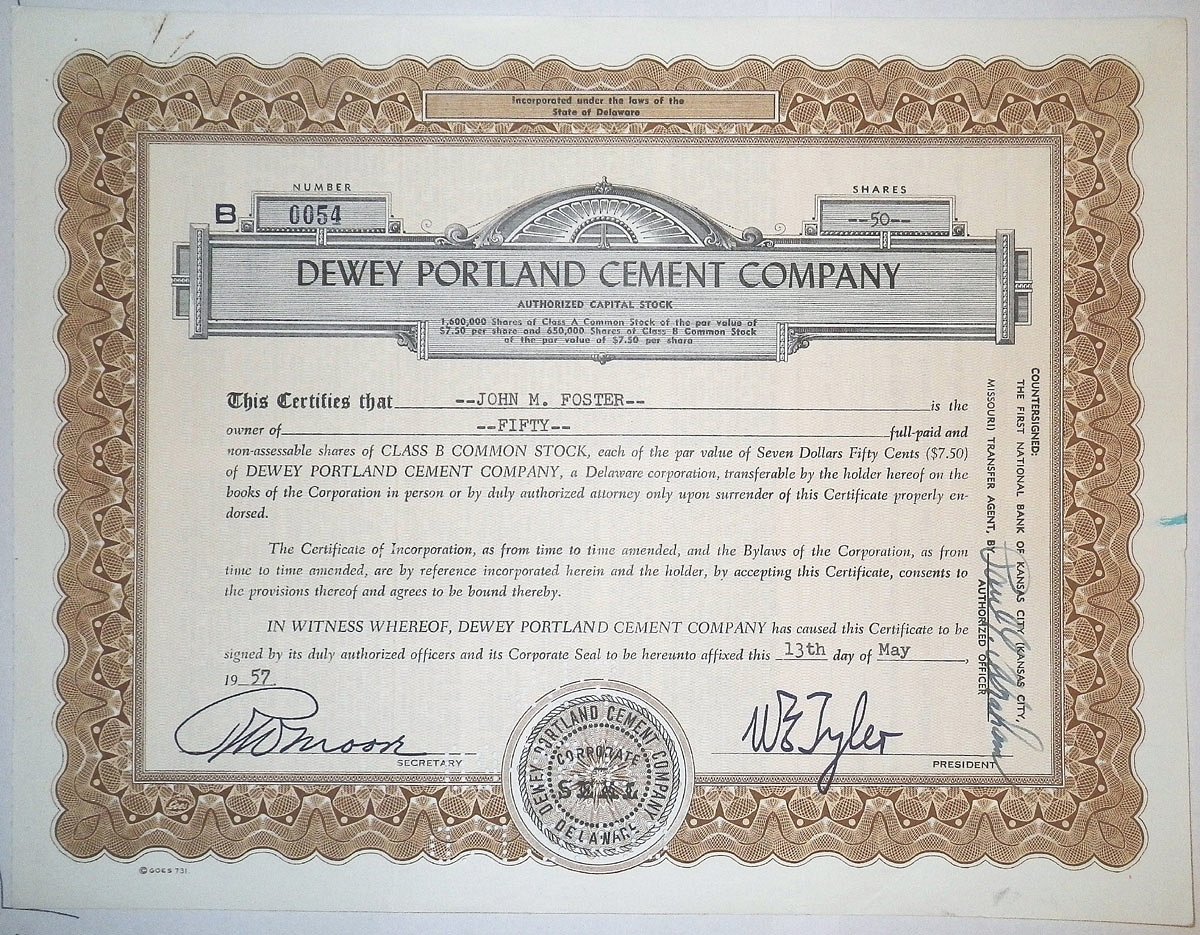 США, Dewey Portland Cement Company 50 акций 1957 бумага 8805-36-1