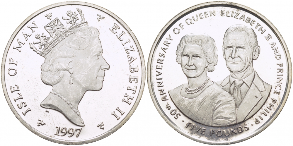 Остров Мэн 5 фунтов 1997 АА, Елизавета и Филипп, золотая свадьба, тираж 5000 экз., микроцарапины КМ 769a серебро PROOF 1081-9-23
