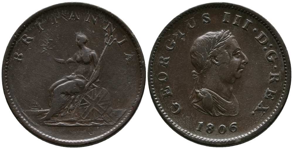 Великобритания 1/2 пенни 1806 Георг III (1760-1820) KM 662, Spink 3781 медь 1518-912