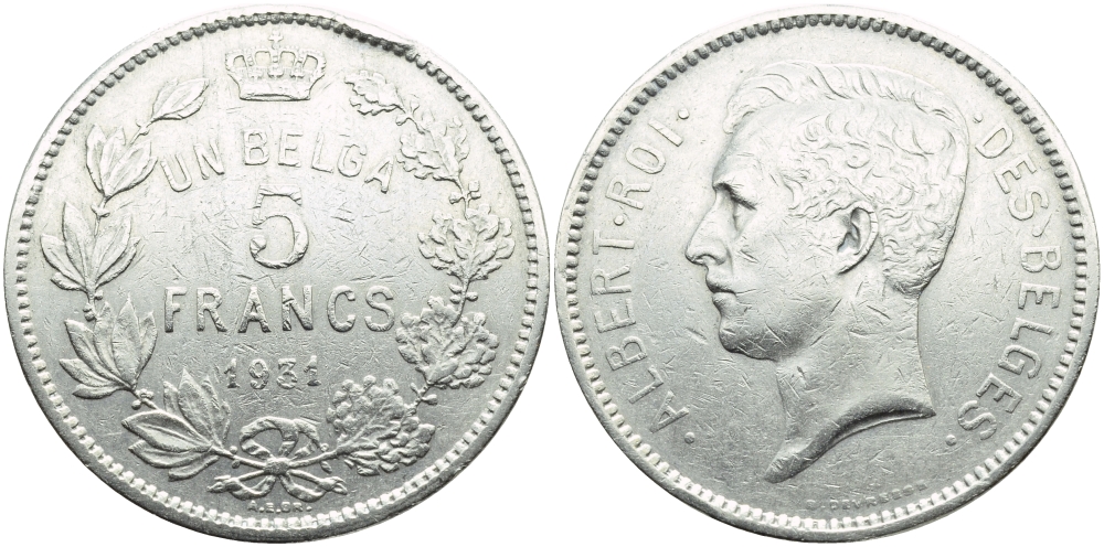 БЕЛЬГИЯ 5 ФРАНКОВ 1931 BELGES KM 97.1 никель 3999-1012