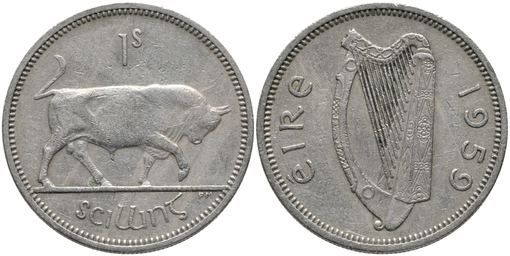 ИРЛАНДИЯ 1 ШИЛЛИНГ 1959 БЫК KM 14а медно-никель 89-532